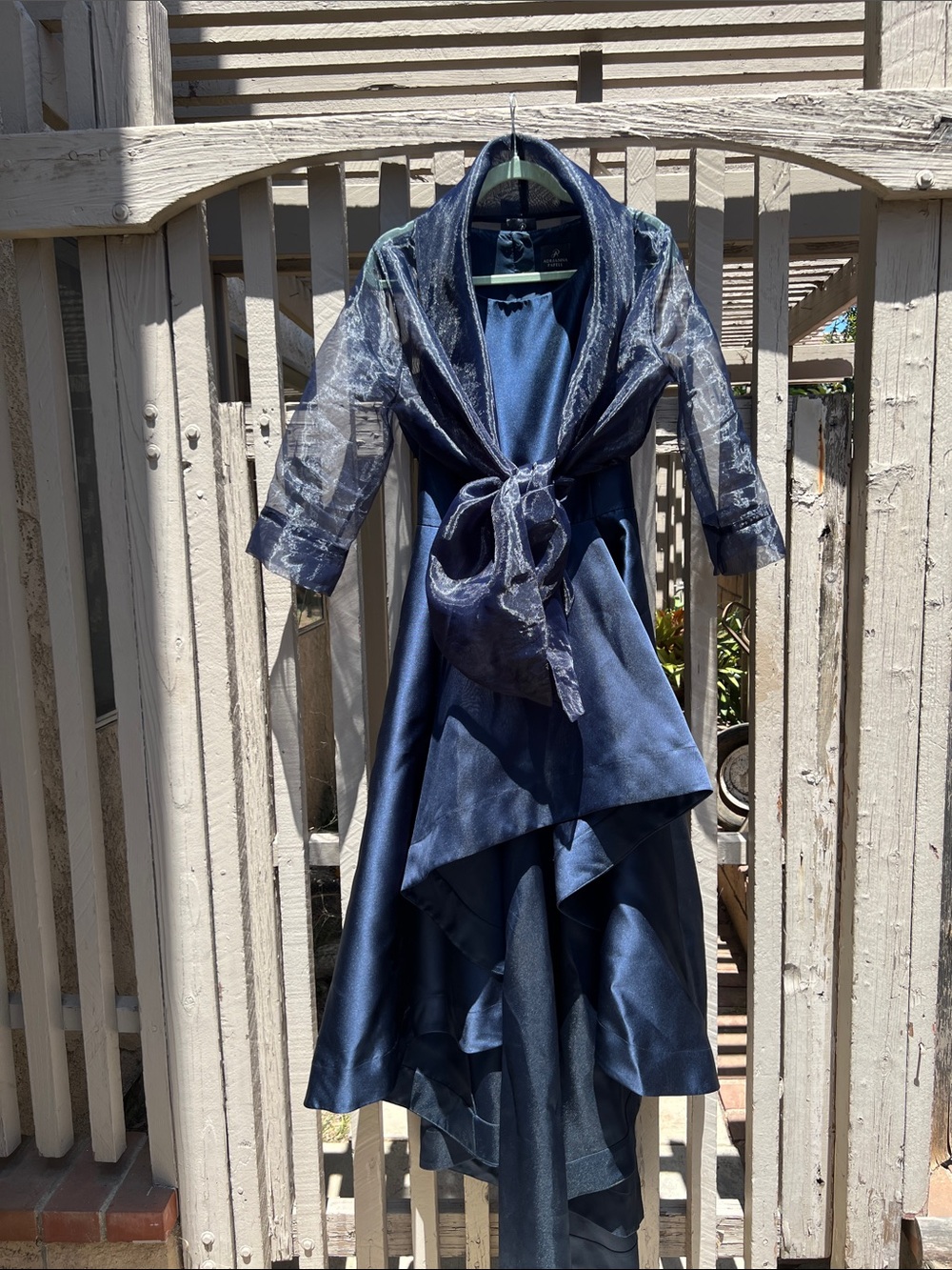 Adrianna Papell Navy Satin Evening Gown Cape with Sheer Organza Sleeves size 14 - Picture 3 of 14